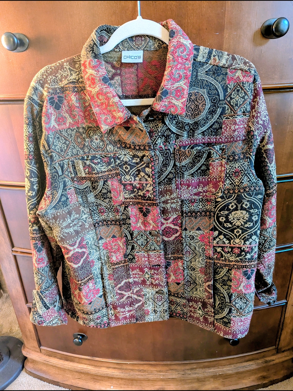 Chico's Patterned Patchwork Jacket in Black, Red and Tan